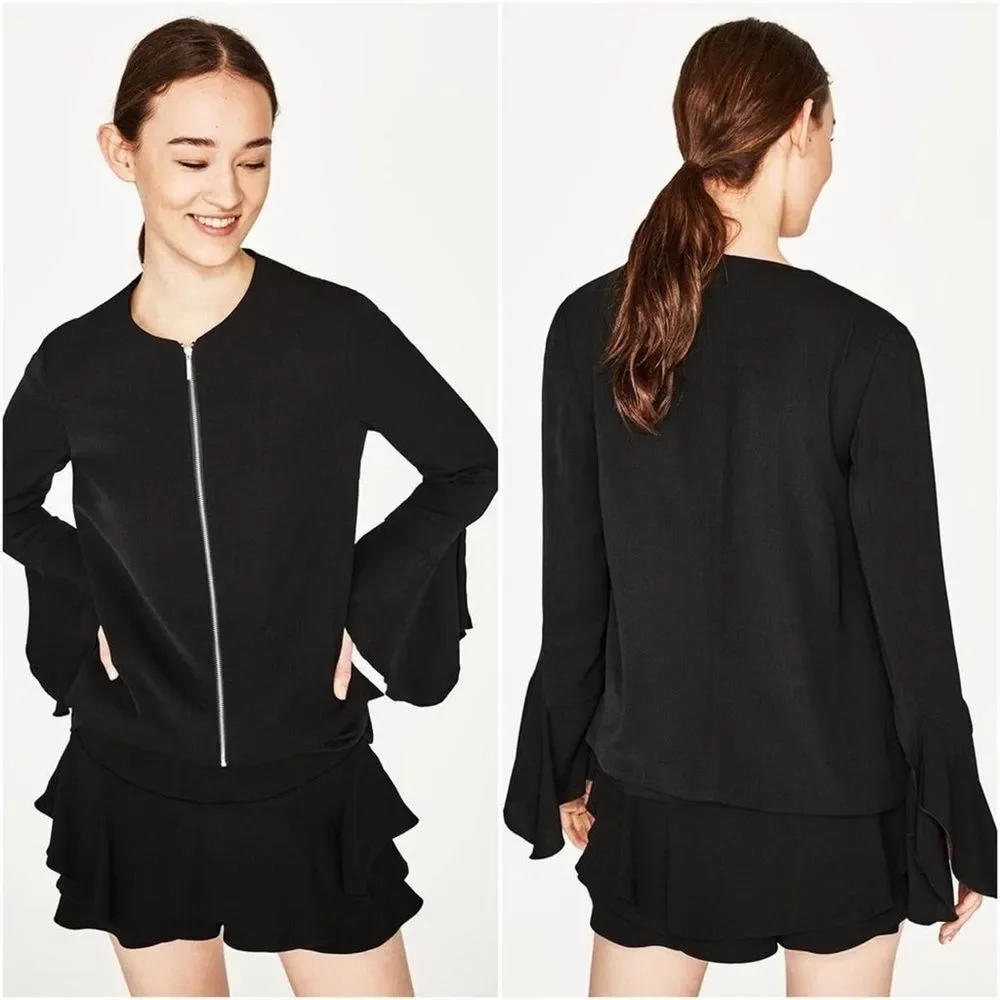 Zara Black Crepe Full Zip Ruffle Bell Sleeve Jacket, Size S NWOT